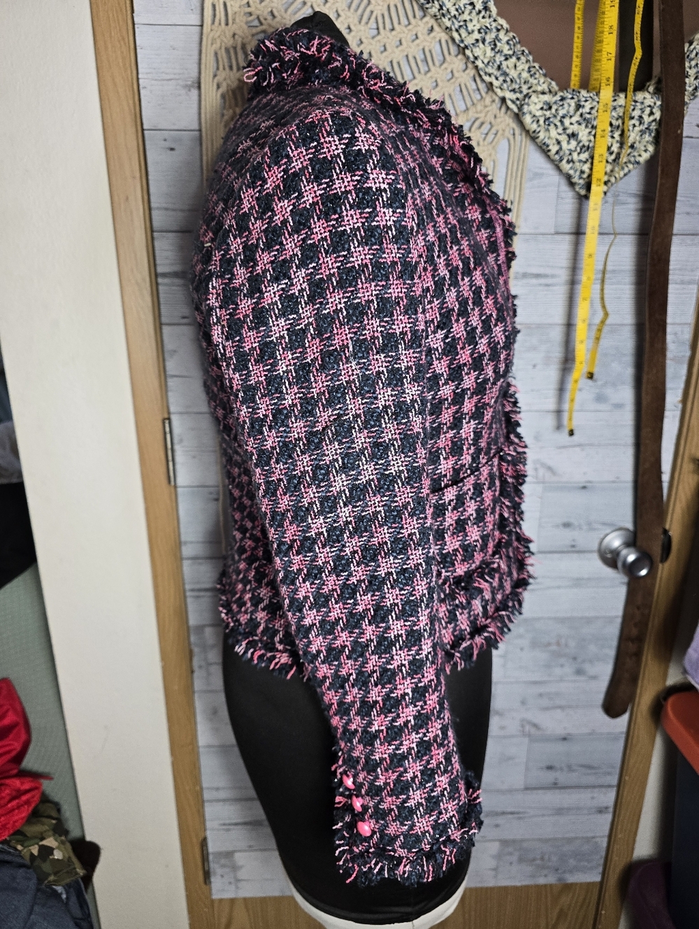 Pink and Black Whimisgoth Artsy Eclectic Tweed Silk Acrylic Jacket Cat Applique - Picture 2 of 9
